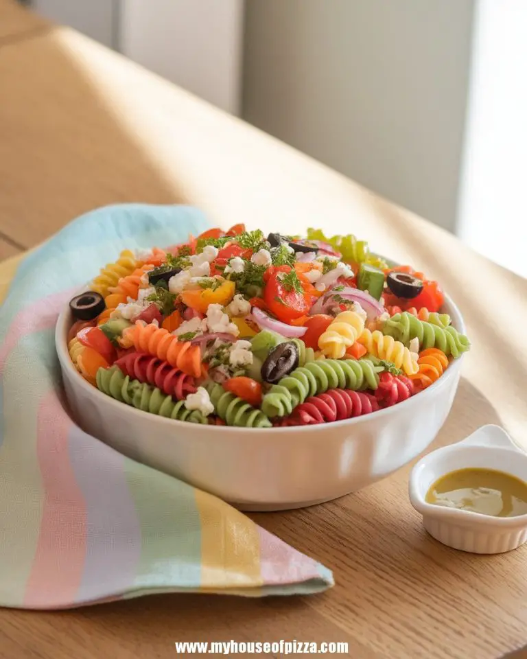 Colorful rainbow pasta salad with vibrant rotini, cherry tomatoes, olives, feta cheese, and fresh herbs in a white bowl on a wooden table.