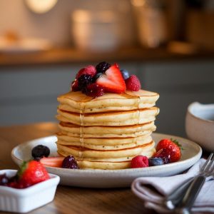 A stack of fluffy ricotta pancakes topped with a vibrant berry compote, featuring strawberries, raspberries, and blueberries, elegantly presented on a rustic kitchen table.