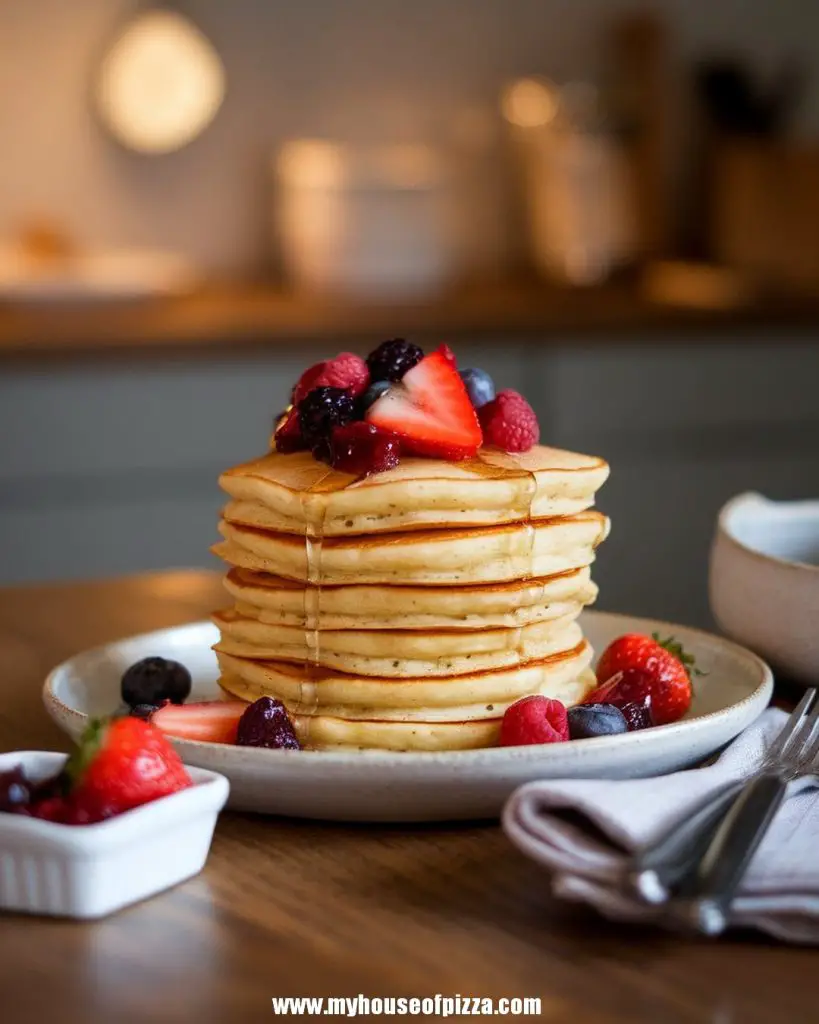 A stack of fluffy ricotta pancakes topped with a vibrant berry compote, featuring strawberries, raspberries, and blueberries, elegantly presented on a rustic kitchen table.