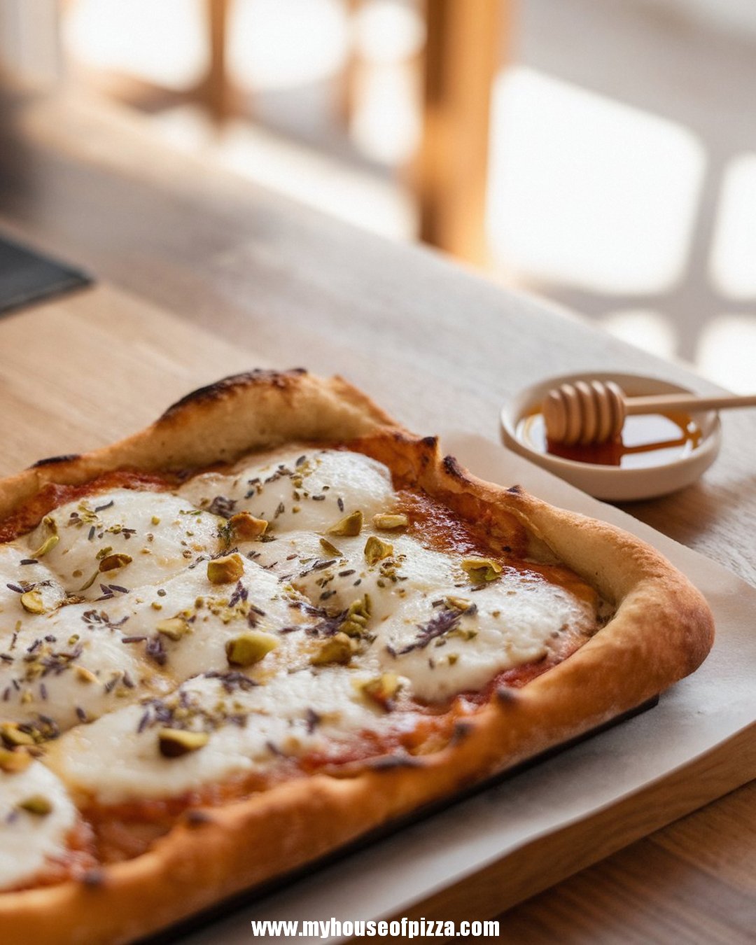 Honey Lavender Goat Cheese Flatbread Pizza – Elegant and Simple 1 Golden-brown flatbread pizza topped with melted cheese, sprinkled with crushed pistachios and lavender, sits on a wooden table beside a small dish of honey.