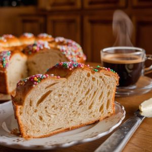 Italian Easter Bread Recipe: Sweet, Soft, and Festive 7 A slice of Italian Easter bread with colorful sprinkles on top sits on a decorative plate beside a steaming cup of espresso, creating a cozy and inviting breakfast scene.