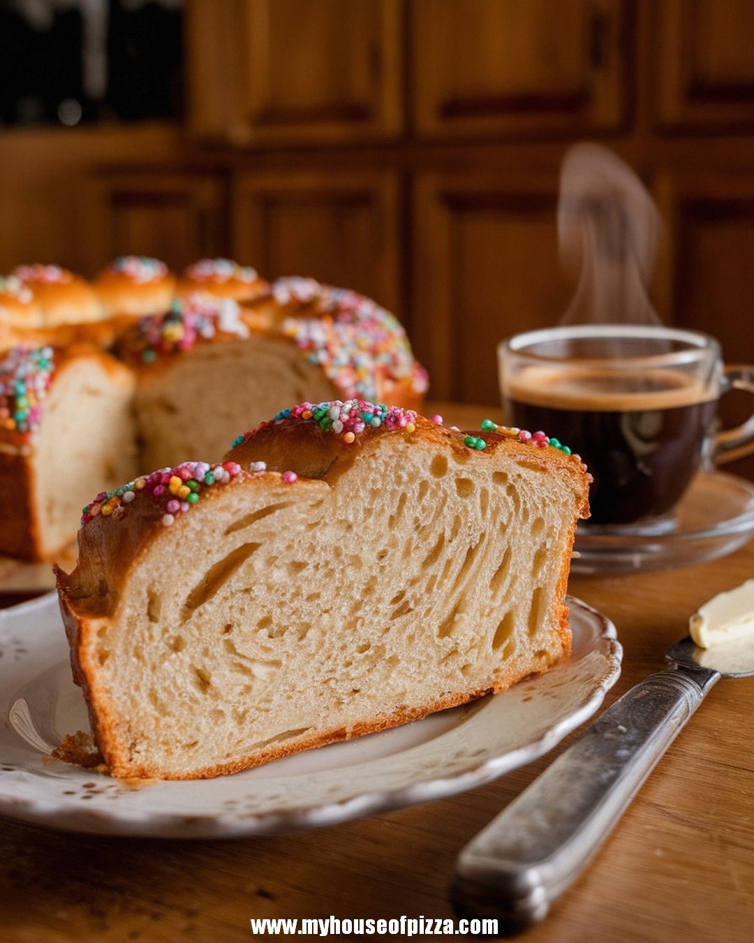 Italian Easter Bread Recipe: Sweet, Soft, and Festive 1 A slice of Italian Easter bread with colorful sprinkles on top sits on a decorative plate beside a steaming cup of espresso, creating a cozy and inviting breakfast scene.