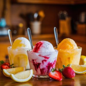 Three vibrant glasses of Italian ice in lemon, strawberry, and orange flavors, garnished with fresh fruit slices and strawberries on a rustic wooden table.