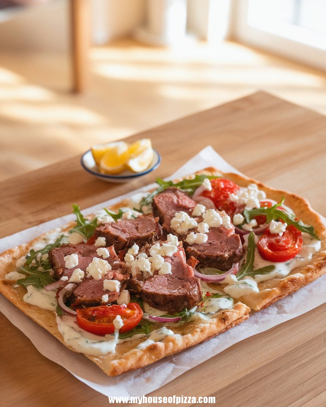 Rosemary & Lemon Lamb Flatbread Pizza – A Mediterranean Dream Come True 1 Savory lamb flatbread pizza topped with fresh arugula, juicy cherry tomatoes, creamy feta cheese, and a drizzle of white sauce, served on a wooden table with lemon wedges.