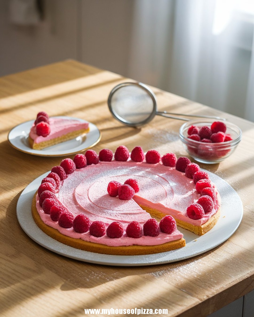 Pink Lemonade Fruit Pizza – Sweet & Tangy with a Cookie Crust 1 A vibrant pink lemonade fruit pizza topped with fresh raspberries on a light wooden table, with a slice served on a small plate and extra raspberries in a glass bowl nearby.
