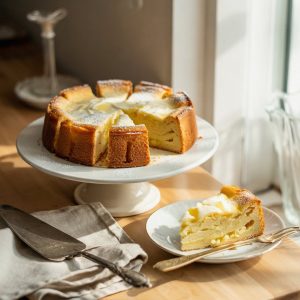Lemon Ricotta Cake - A Simple, Light & Fluffy Treat 7 Delicious Italian Lemon Ricotta Cake served on a white pedestal plate, with a slice on a side plate, showcasing a light and fluffy texture, topped with a dusting of powdered sugar, perfect for dessert lovers looking for ricotta cheese recipes and gluten-free options.