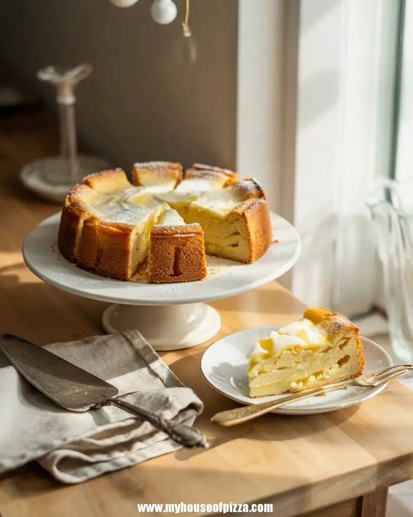 Delicious Italian Lemon Ricotta Cake served on a white pedestal plate, with a slice on a side plate, showcasing a light and fluffy texture, topped with a dusting of powdered sugar, perfect for dessert lovers looking for ricotta cheese recipes and gluten-free options.