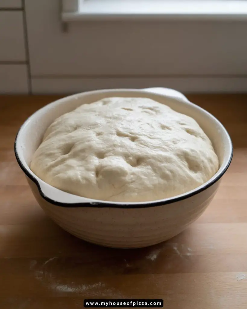 A close-up of risen, bubbly pizza dough in a ceramic bowl on a kitchen counter, showing a soft flour dusting and airy texture.