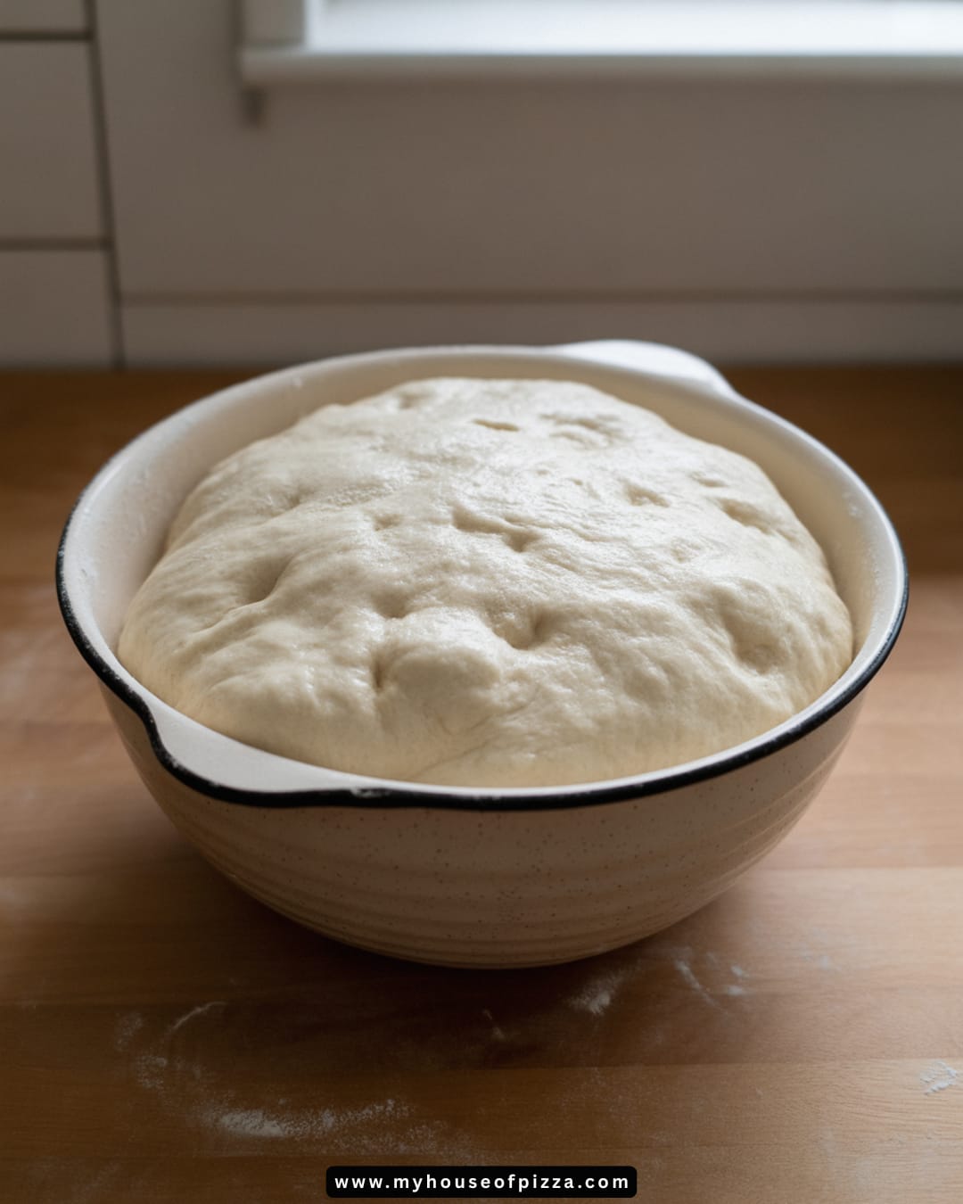 Why Your Pizza Dough Isn't Rising - Easy Fixes That Actually Work 2 A close-up of risen, bubbly pizza dough in a ceramic bowl on a kitchen counter, showing a soft flour dusting and airy texture.