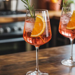 Two elegant glasses of Pink Aperol Spritz cocktail, garnished with vibrant orange slices and fresh rosemary, sit on a wooden countertop, showcasing a refreshing summer drink perfect for date night or outdoor gatherings, inviting a taste of Italian cocktails.