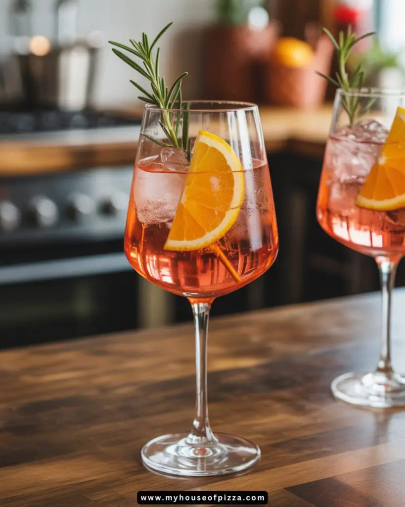 Two elegant glasses of Pink Aperol Spritz cocktail, garnished with vibrant orange slices and fresh rosemary, sit on a wooden countertop, showcasing a refreshing summer drink perfect for date night or outdoor gatherings, inviting a taste of Italian cocktails.