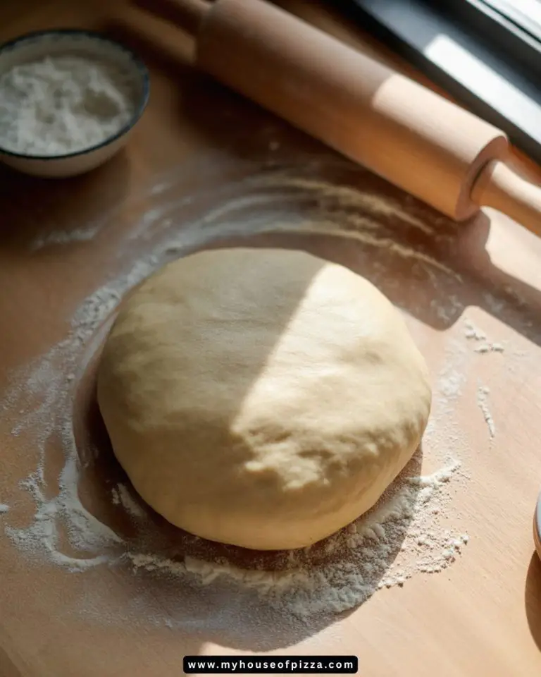 Round pizza dough evenly stretched on a floured wooden countertop, with a rolling pin and bowl of flour in the background in a natural kitchen setting.