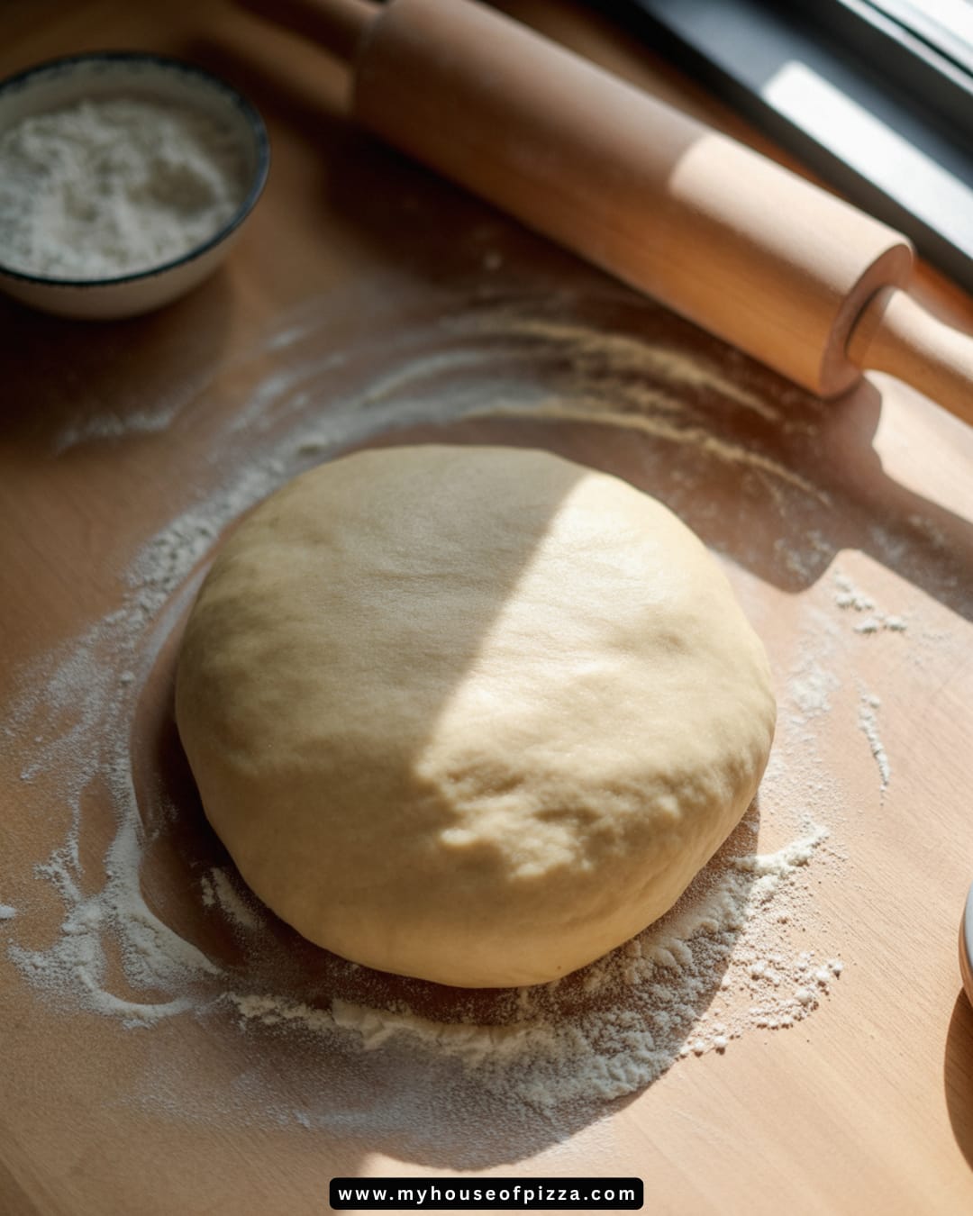Best Way to Stretch Pizza Dough Without Tearing 2 Round pizza dough evenly stretched on a floured wooden countertop, with a rolling pin and bowl of flour in the background in a natural kitchen setting.