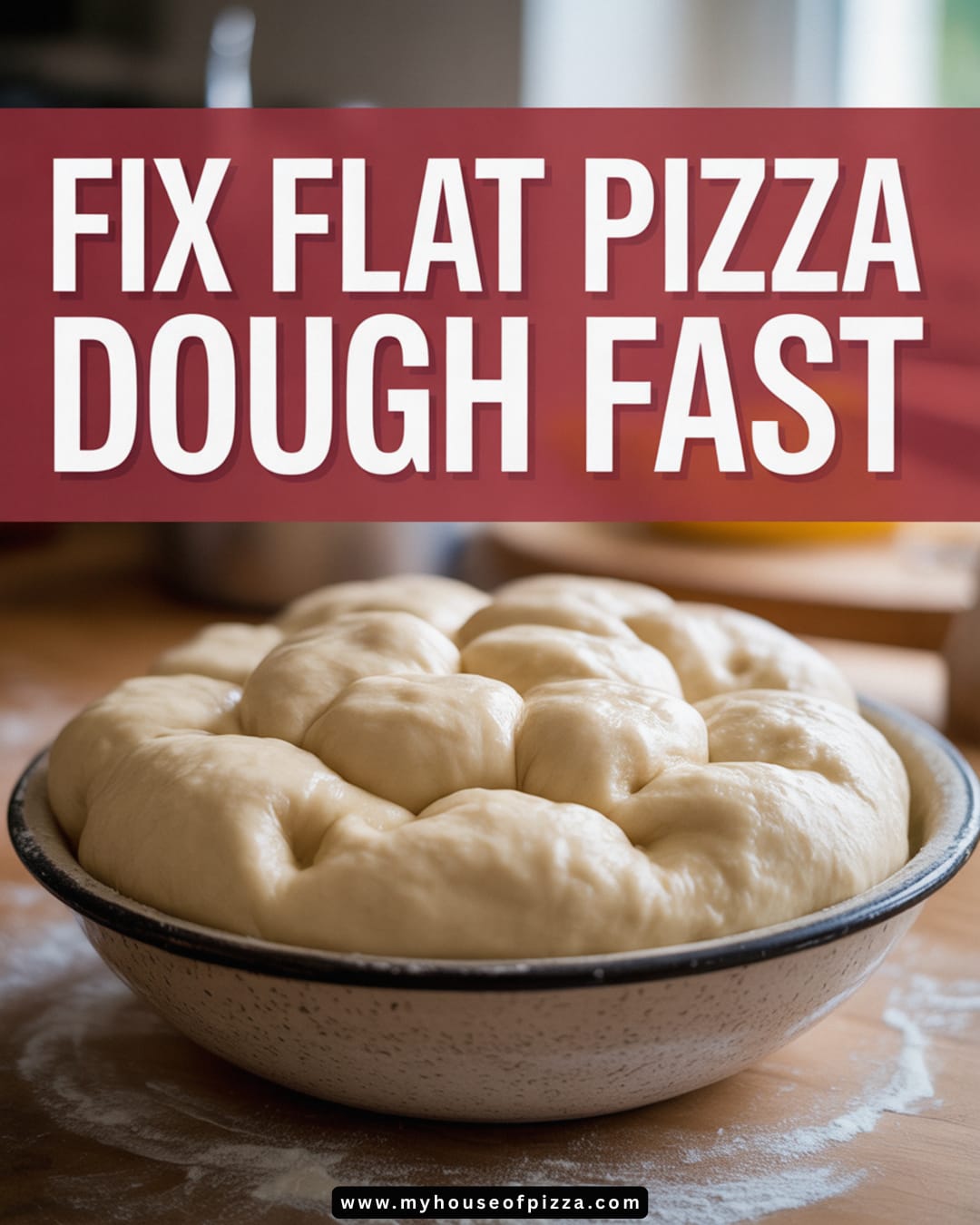 Why Your Pizza Dough Isn't Rising - Easy Fixes That Actually Work 3 A Pinterest image of bubbly, risen pizza dough in a ceramic bowl on a floured wooden counter with a bold red banner and text reading 'Fix Flat Pizza Dough Fast'.