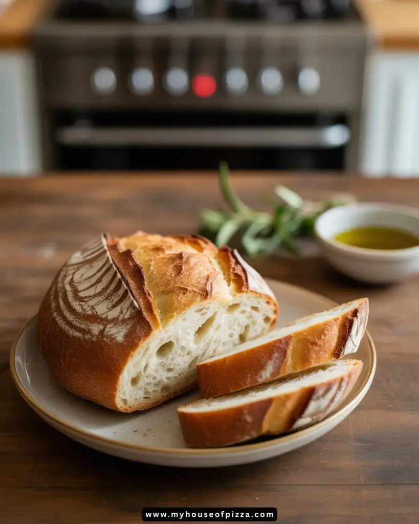 A beautifully baked rustic loaf of Italian bread, sliced to showcase its crusty exterior and soft, airy interior, perfect for dipping or serving alongside pasta dishes, presented on a neutral plate with a hint of greenery and olive oil in the background.