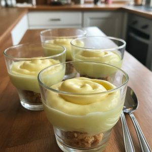Limoncello Basil Cloud Cups Recipe for Summer 7 Delicious individual Limoncello basil cloud cups with a creamy yellow topping and a crunchy cookie base, displayed on a wooden kitchen countertop.