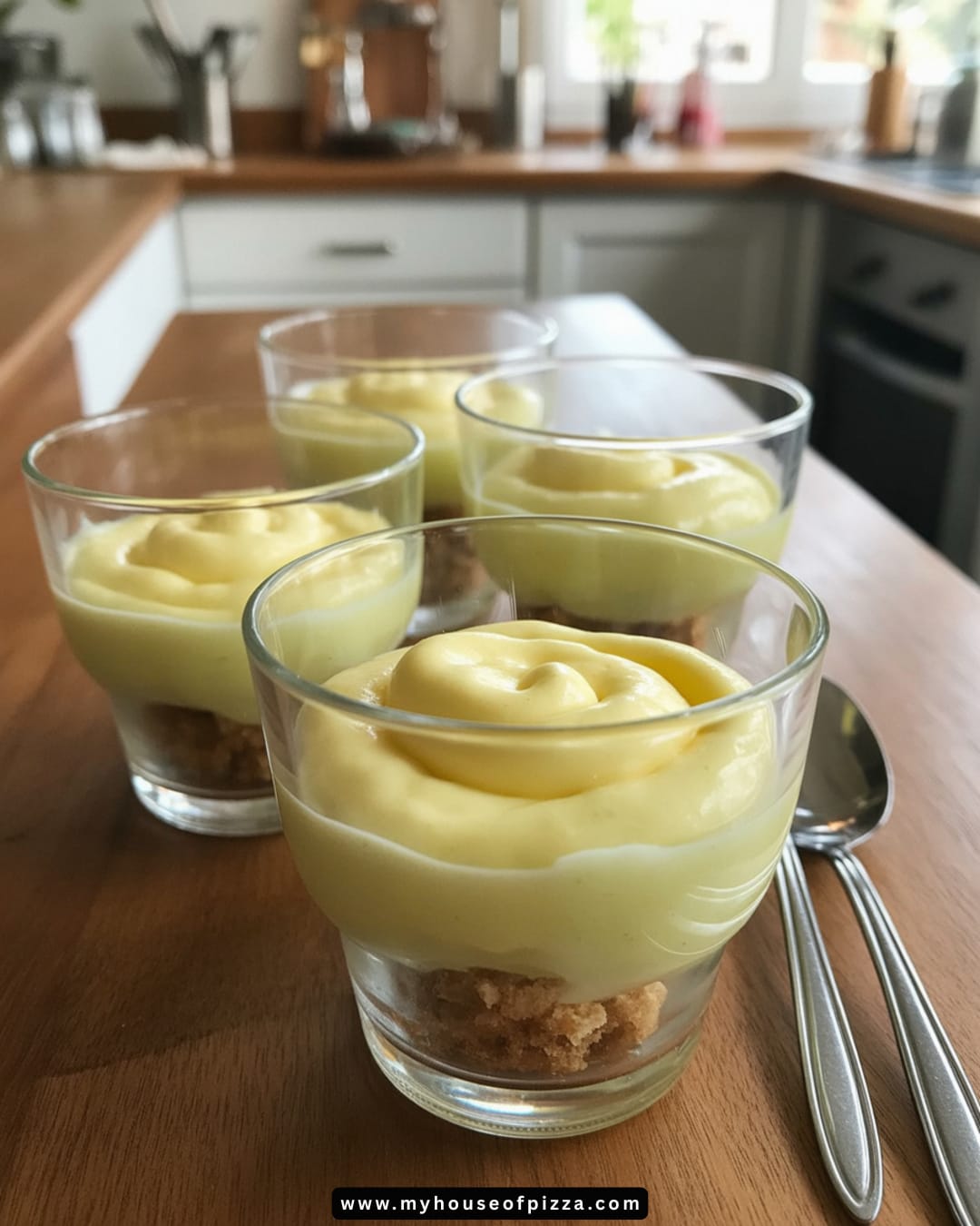 Limoncello Basil Cloud Cups Recipe for Summer 1 Delicious individual Limoncello basil cloud cups with a creamy yellow topping and a crunchy cookie base, displayed on a wooden kitchen countertop.