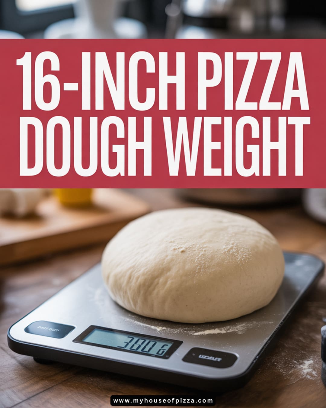 Pinterest-style image with bold headline and closeup of dough balls on a digital scale showing 310g, ideal for making a 16-inch pizza.