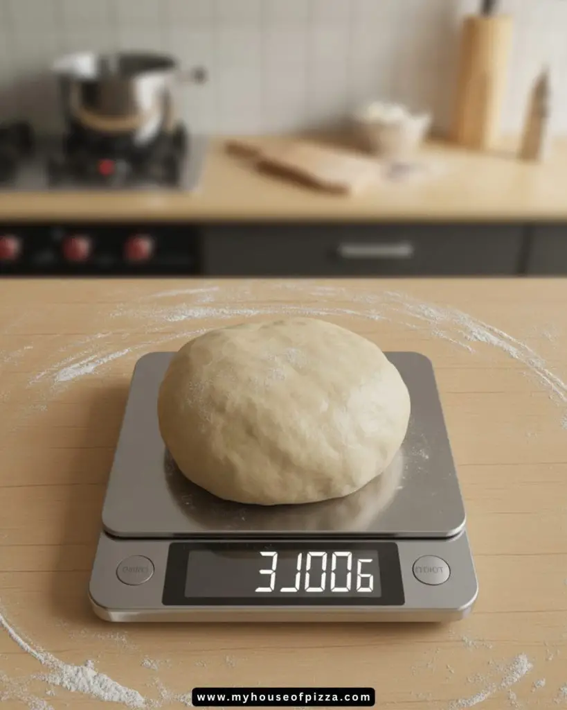Overhead view of pizza dough balls on a digital kitchen scale reading 310g, set on a wooden counter with a dusting of flour.