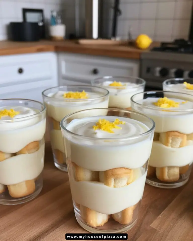 Delicious lemon dessert served in clear glasses, featuring layers of creamy lemon mousse and soft ladyfinger cookies, topped with bright yellow lemon zest for an eye-catching presentation. Perfect for serving at parties or as a refreshing treat.