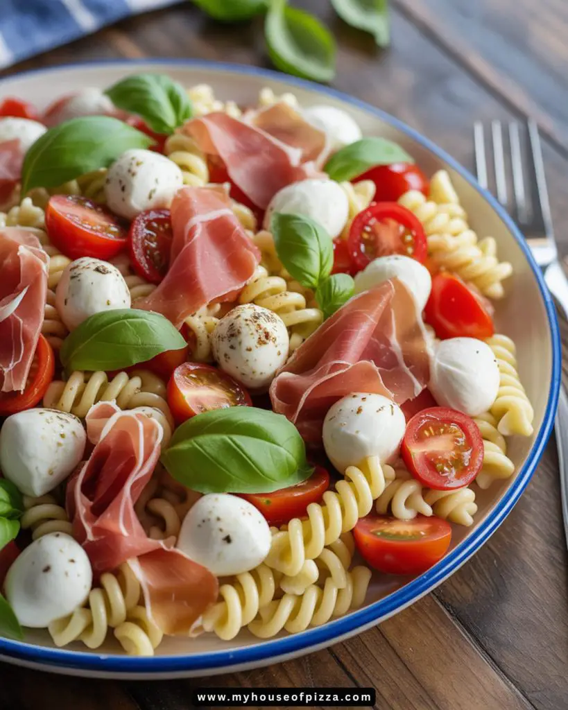 A beautifully arranged Classic Italian Pasta Salad featuring tri-color rotini pasta, fresh mozzarella balls, cherry tomatoes, and thinly sliced prosciutto, garnished with vibrant basil leaves, perfect for summer picnics or gatherings.