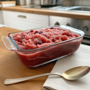 Cherry Chianti Granita Recipe - Italian Summer Slush 7 Delicious black cherry sorbet in a glass dish, perfect for summer frozen desserts, showcasing vibrant colors and a smooth texture, ideal for cherry dessert enthusiasts and fruit treat lovers.