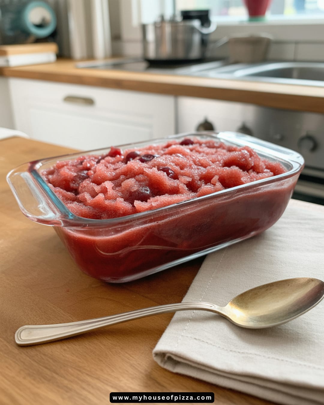 Cherry Chianti Granita Recipe - Italian Summer Slush 1 Delicious black cherry sorbet in a glass dish, perfect for summer frozen desserts, showcasing vibrant colors and a smooth texture, ideal for cherry dessert enthusiasts and fruit treat lovers.
