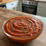 Creamy homemade tomato soup in a glass bowl garnished with fresh herbs and black pepper, placed on a wooden countertop in a cozy kitchen setting.