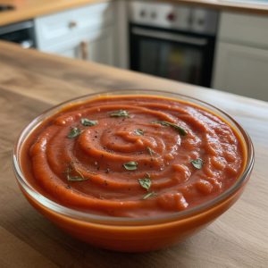 Domino's Pizza Sauce Copycat Recipe 7 Creamy homemade tomato soup in a glass bowl garnished with fresh herbs and black pepper, placed on a wooden countertop in a cozy kitchen setting.