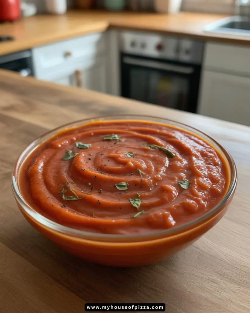 Creamy homemade tomato soup in a glass bowl garnished with fresh herbs and black pepper, placed on a wooden countertop in a cozy kitchen setting.