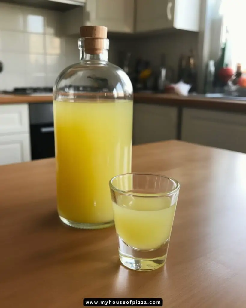 Refreshing homemade lemonade served in a clear shot glass alongside a glass bottle filled with yellow lemonade, set against a well-lit kitchen background.
