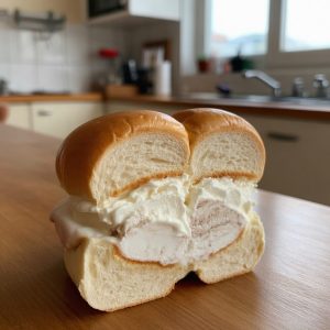 Italian Ice-Cream Sandwich Recipe - Gelato on a Brioche Bun 7 A delicious ice cream sandwich featuring creamy filling nestled between two soft, buttery buns, set against a kitchen backdrop, perfect for a sweet treat or dessert recipe.