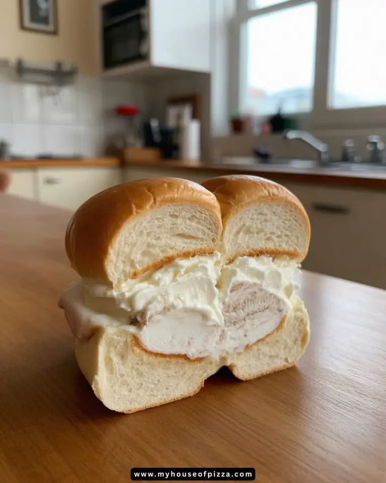A delicious ice cream sandwich featuring creamy filling nestled between two soft, buttery buns, set against a kitchen backdrop, perfect for a sweet treat or dessert recipe.