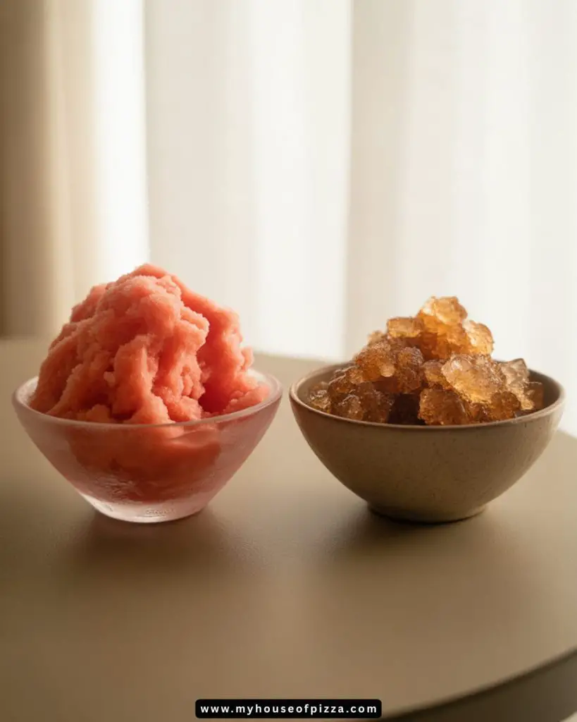 Side-by-side comparison of Italian ice and granita in separate bowls, showing the fine smooth texture of Italian ice and the coarse icy crystals of granita on a plain background.