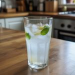 Refreshing homemade lemonade with fresh mint leaves served in a tall glass filled with ice, set against a stylish kitchen background, perfect for summer sipping.