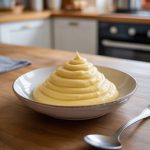 Creamy yellow Italian pastry cream elegantly piped into a swirl shape, served in a white bowl on a wooden countertop, with a metallic spoon beside it, capturing the essence of a delicious dessert preparation.