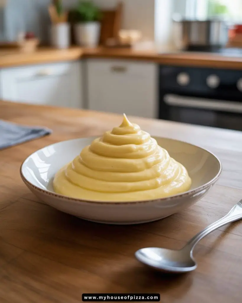 Creamy yellow Italian pastry cream elegantly piped into a swirl shape, served in a white bowl on a wooden countertop, with a metallic spoon beside it, capturing the essence of a delicious dessert preparation.