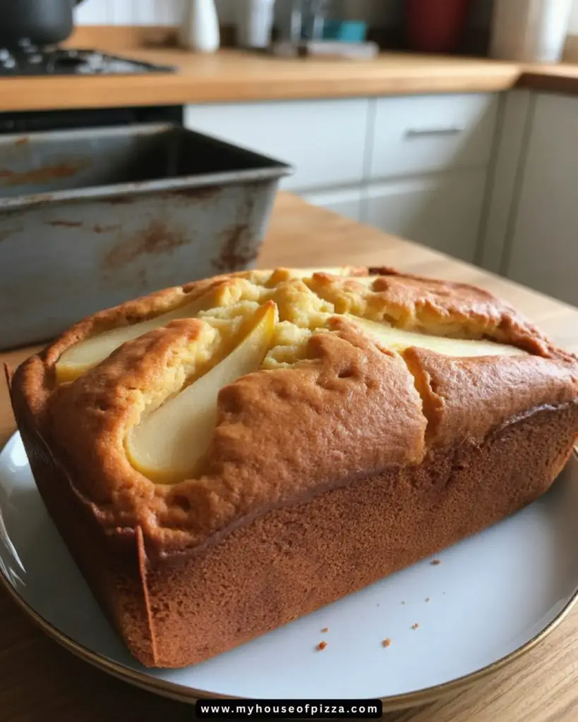 Delicious homemade pear cake on a plate, showcasing golden-brown crust and sliced pears on top, perfect for an afternoon treat.