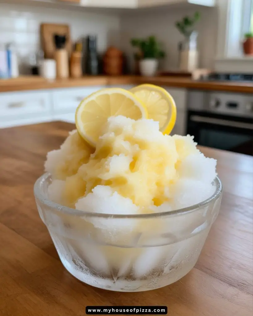 A refreshing bowl of homemade lemon sorbetto, featuring a fluffy, icy texture garnished with two lemon slices, set against a cozy kitchen backdrop, perfect for capturing the essence of Italian frozen desserts and summer treats.