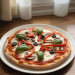 Delicious homemade pizza topped with fresh mozzarella, vibrant red and green bell peppers, black olives, sliced mushrooms, and fresh basil, presented on a wooden table with natural light streaming in from a nearby window.