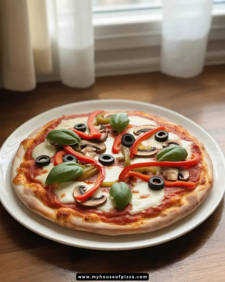 Delicious homemade pizza topped with fresh mozzarella, vibrant red and green bell peppers, black olives, sliced mushrooms, and fresh basil, presented on a wooden table with natural light streaming in from a nearby window.