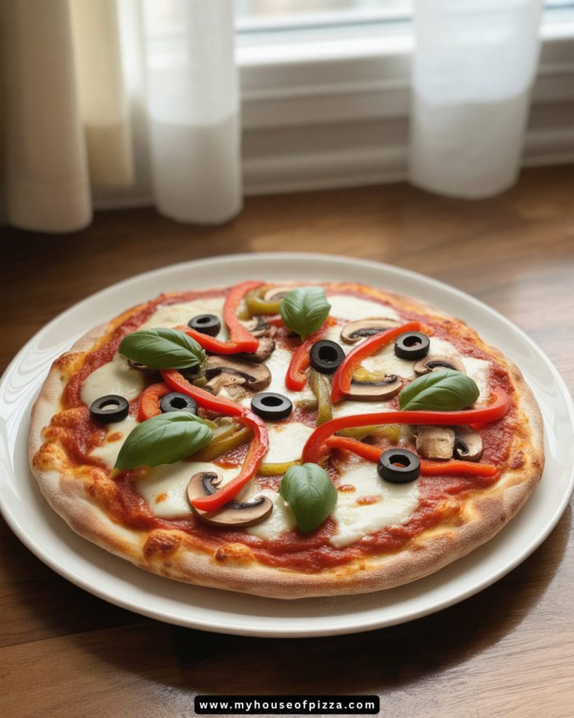 Delicious homemade pizza topped with fresh mozzarella, vibrant red and green bell peppers, black olives, sliced mushrooms, and fresh basil, presented on a wooden table with natural light streaming in from a nearby window.