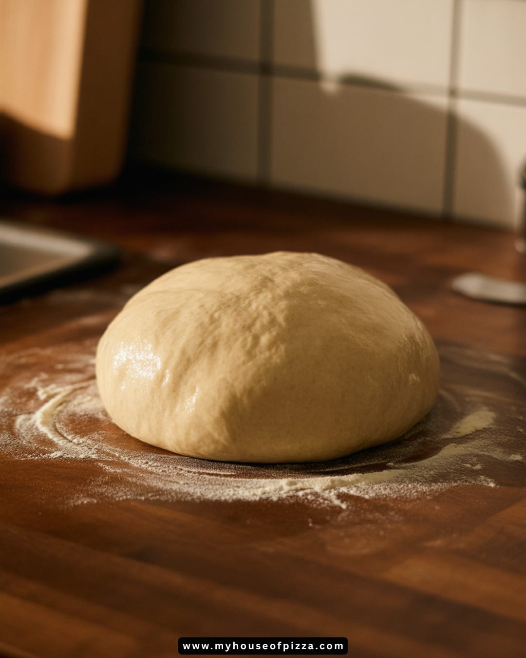 How Sugar Speeds Up Pizza Dough Rise Times 2 A fully risen pizza dough ball on a floured wooden counter, showing visible air bubbles and a smooth, glossy surface in a warm kitchen setting.