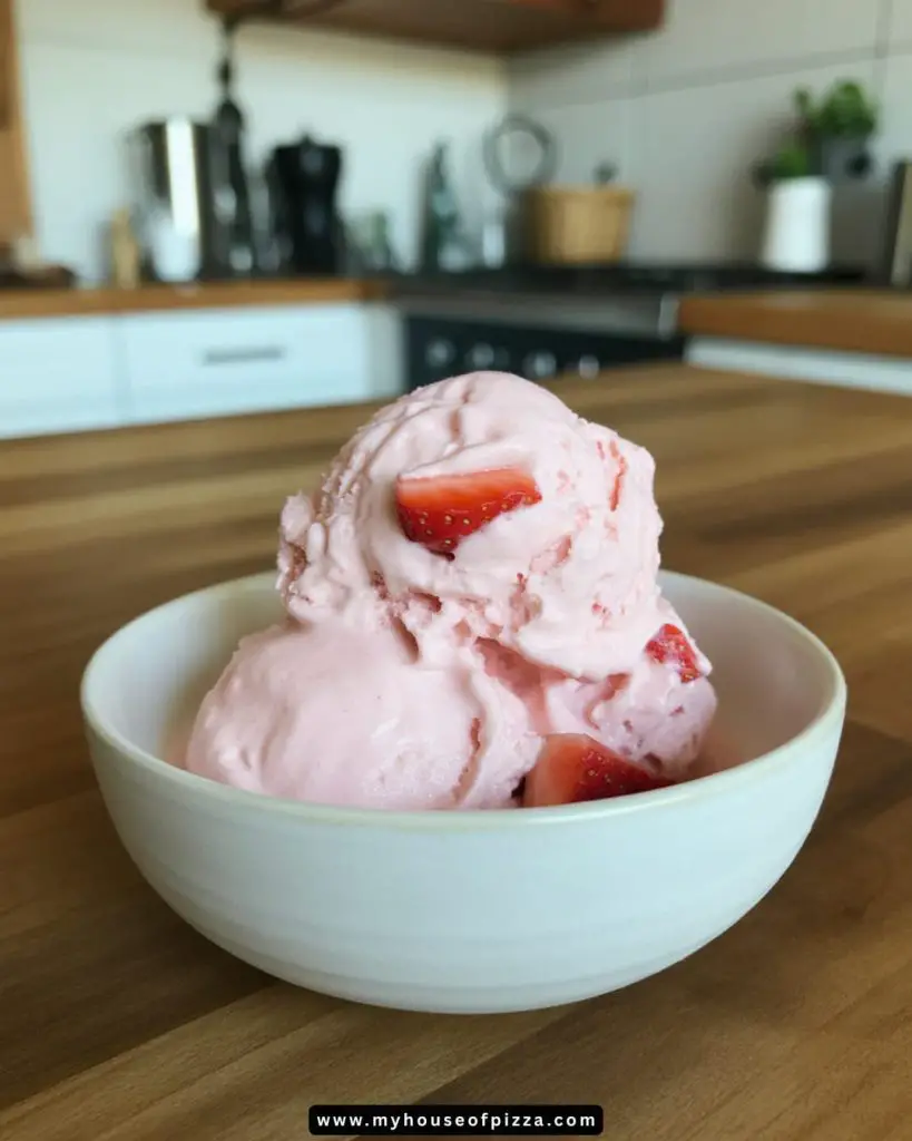 Delicious homemade strawberry ice cream served in a white bowl, featuring creamy pink scoops topped with fresh strawberry pieces, set against a modern kitchen backdrop. Perfect for summer desserts or special occasions.