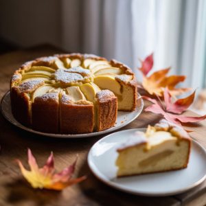 Easy Italian Apple Cake Recipe 7 A beautifully baked apple cake topped with decorative apple slices and a dusting of powdered sugar, presented on a rustic wooden table with autumn leaves in the background, accompanied by a slice of the cake on a white plate.