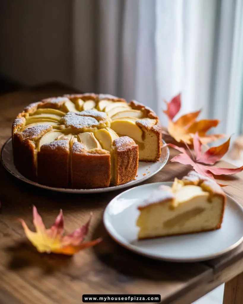 A beautifully baked apple cake topped with decorative apple slices and a dusting of powdered sugar, presented on a rustic wooden table with autumn leaves in the background, accompanied by a slice of the cake on a white plate.